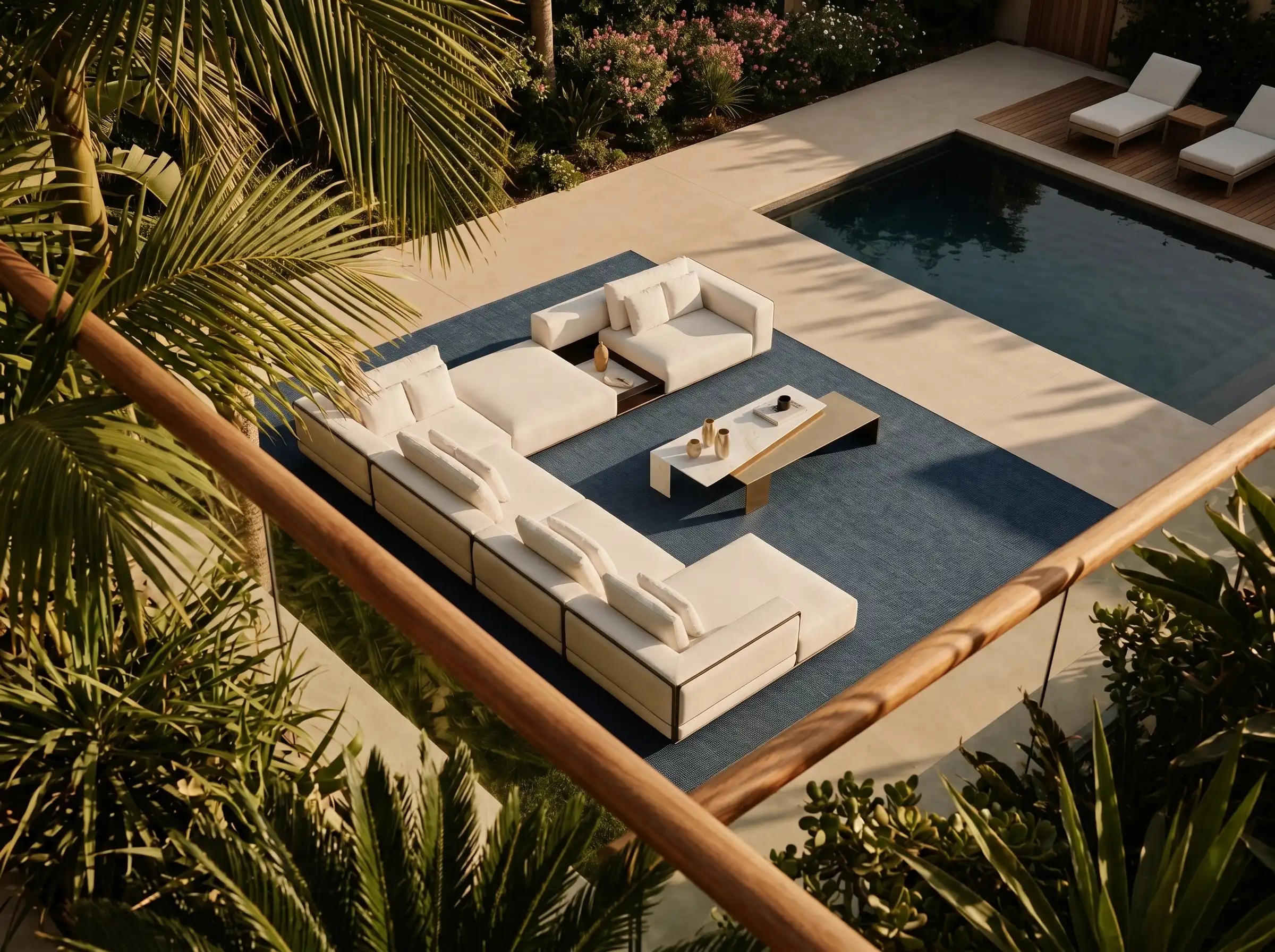 AXON woven flooring on an outdoor poolside terrace