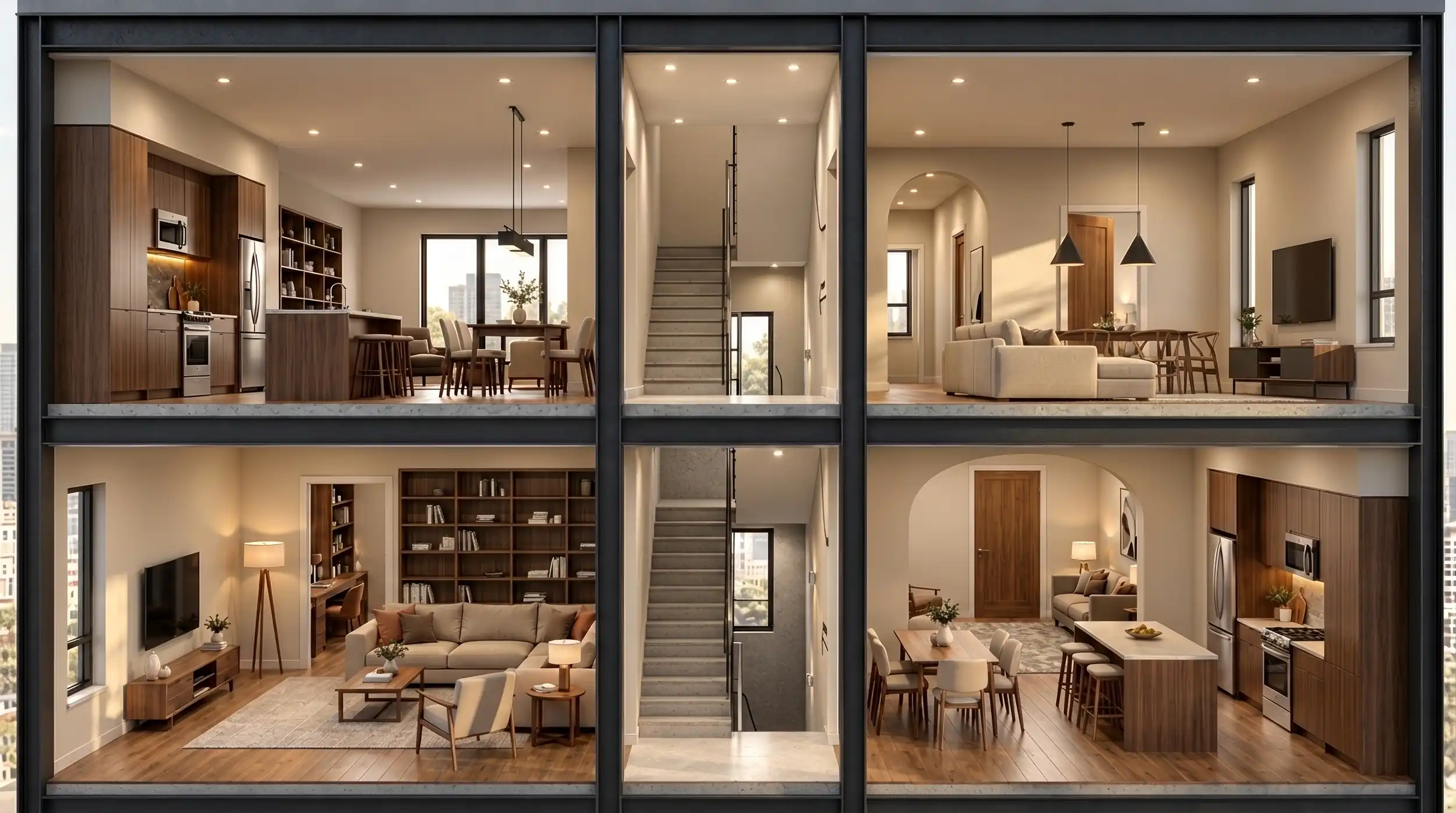 Cutaway of an apartment building showing finished units with DXL flooring