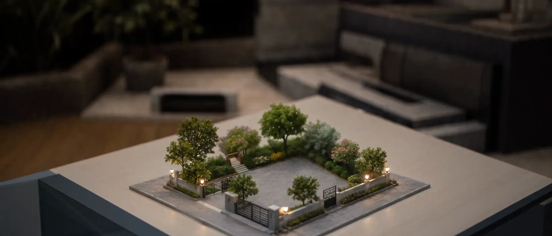 Scale model of a landscaped multifamily courtyard on a planning table