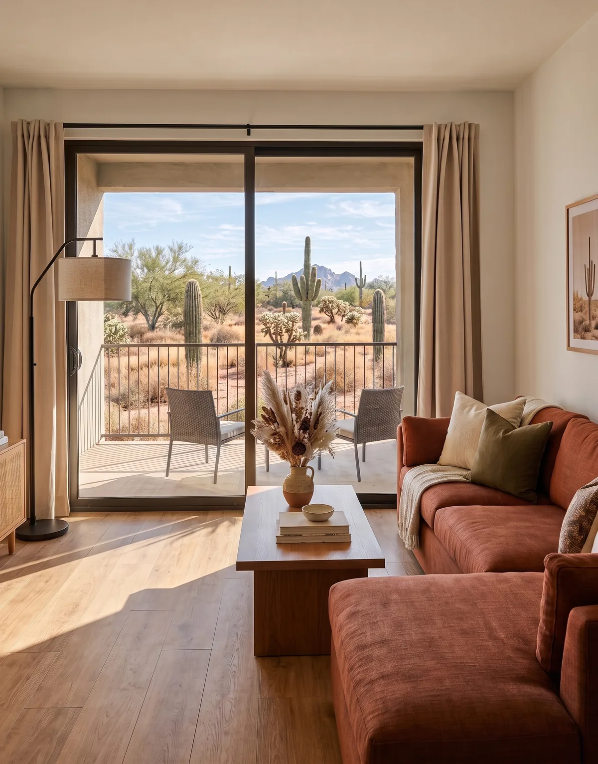 Living room with DXL flooring opening onto a sunlit Arizona desert balcony