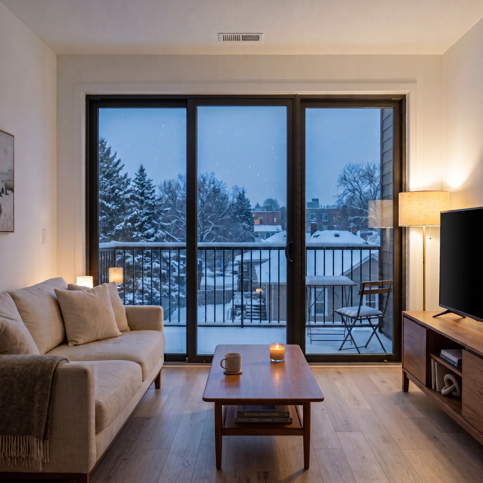 Apartment living room with DXL flooring and a snowy Colorado view
