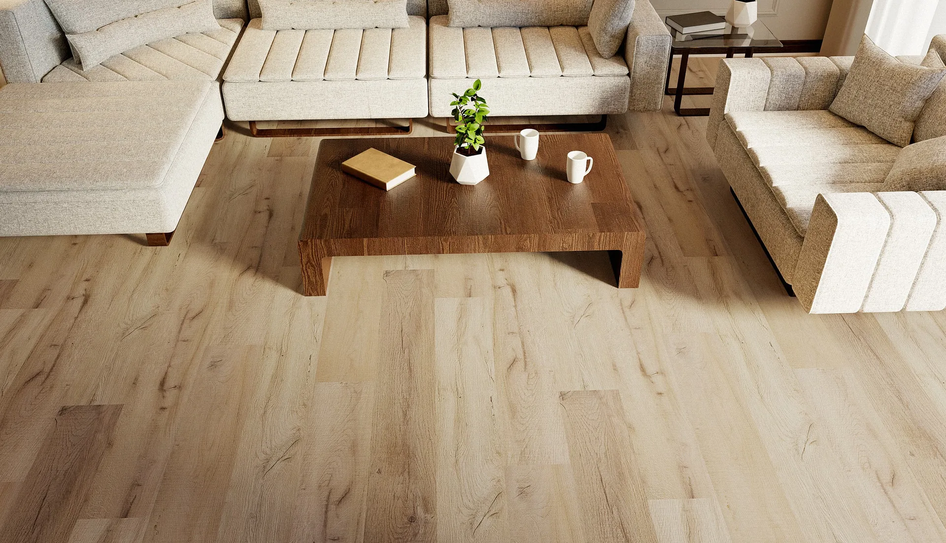 Light oak plank flooring visualized in a living room with cream sectional sofas