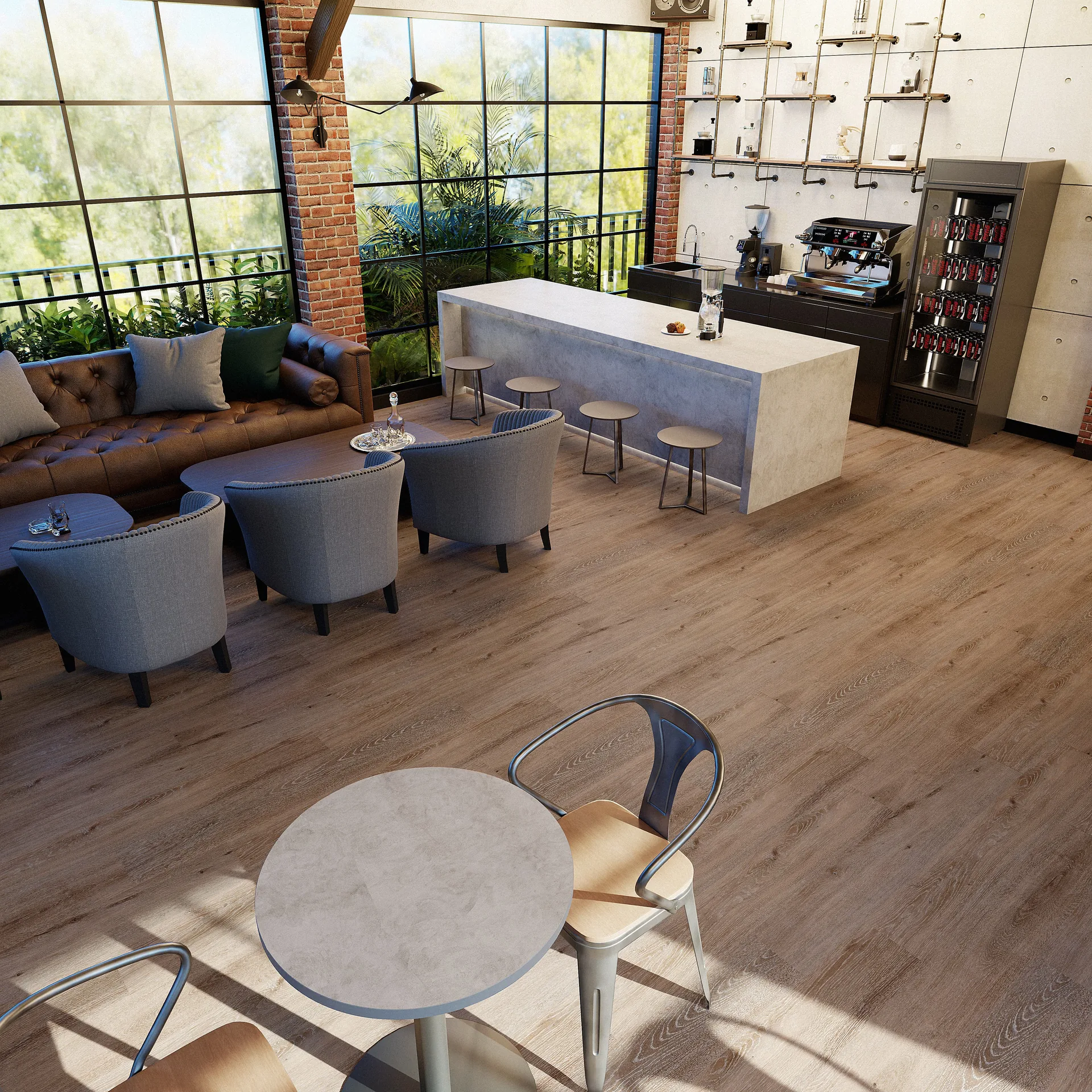 East Coast Collection flooring in a loft cafe lounge