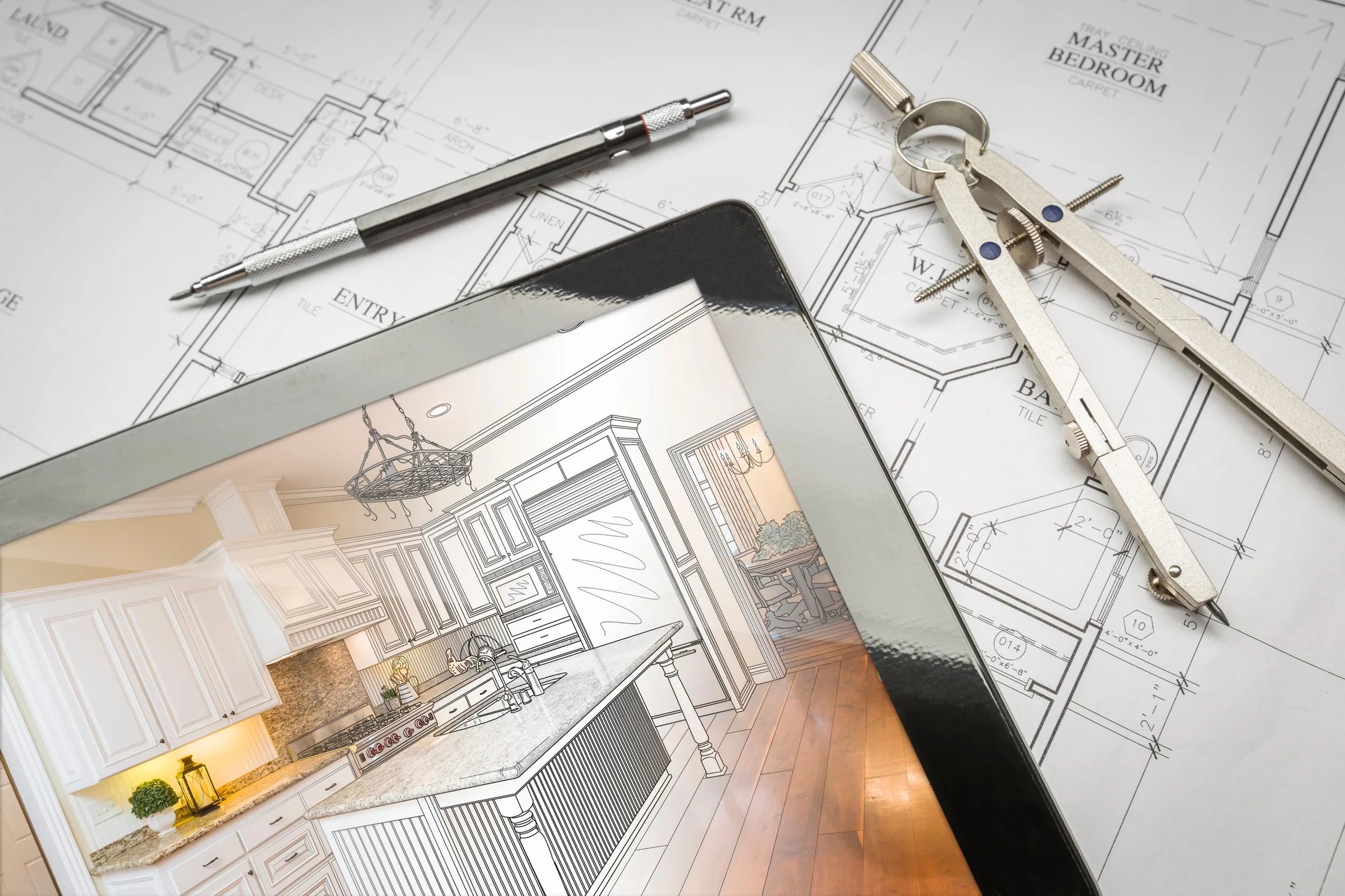 Kitchen design blueprints and drafting tools