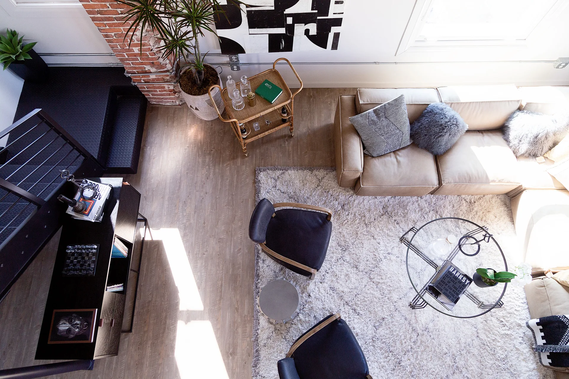 Overhead view of a furnished living room with Signature Collection flooring