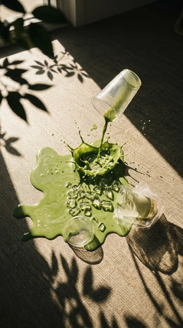 Spilled drink beading on woven vinyl flooring