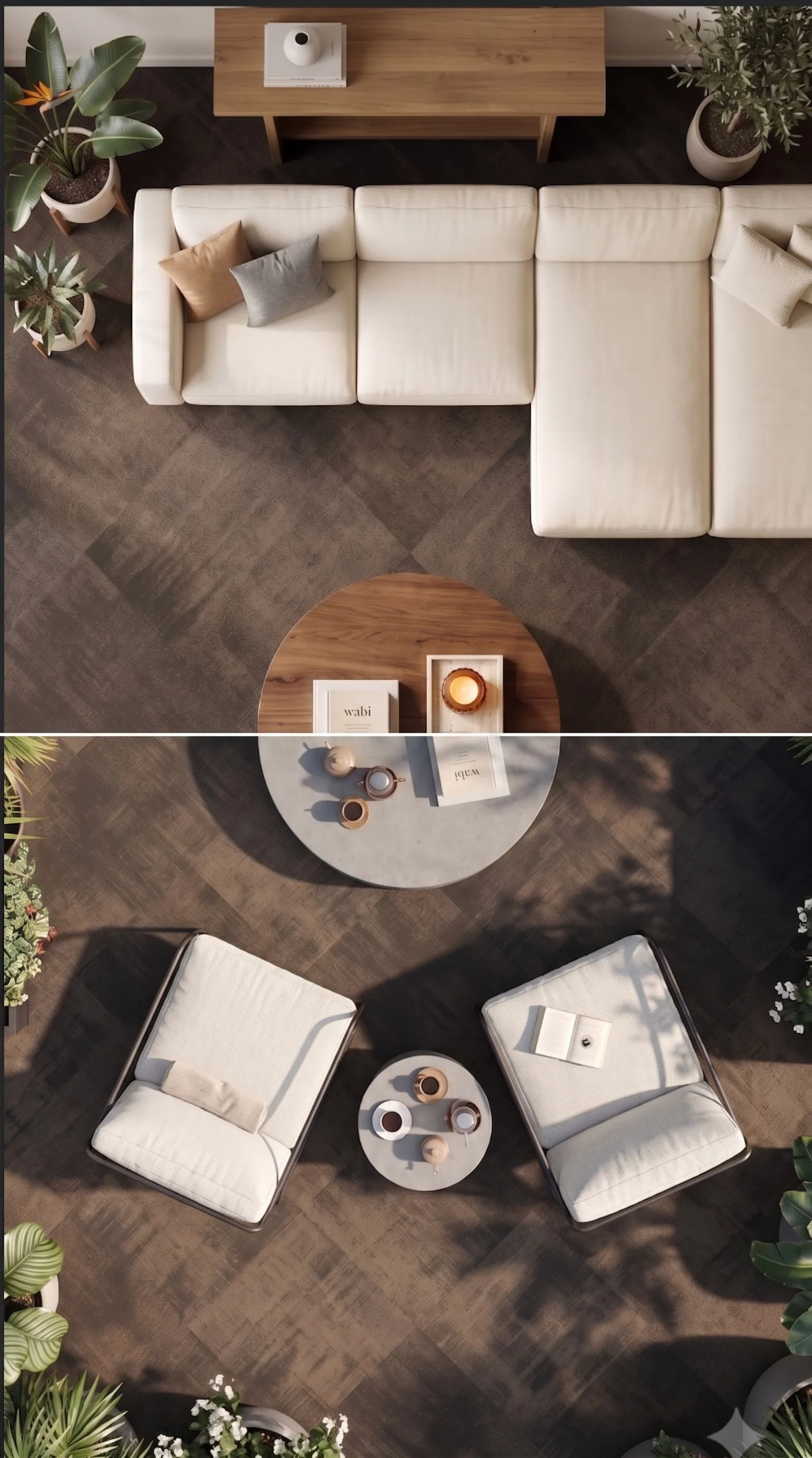 Indoor and outdoor lounges sharing woven vinyl flooring