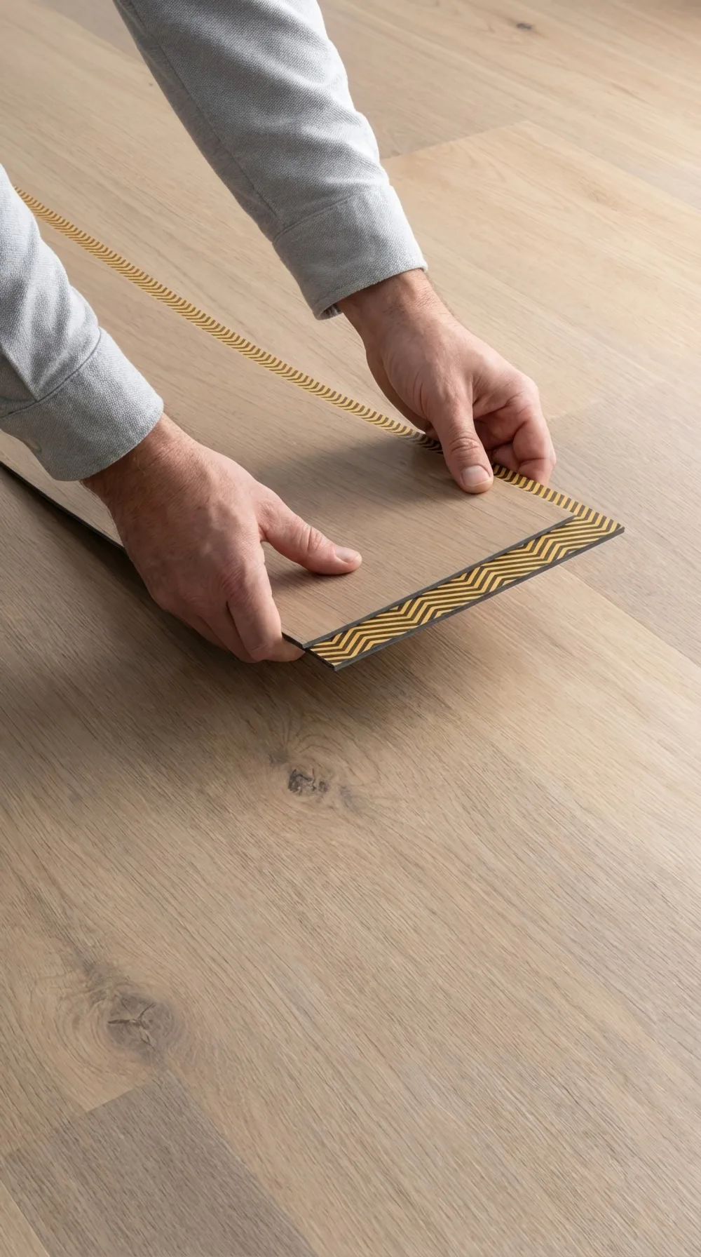 Hands measuring a luxury vinyl plank floor during installation
