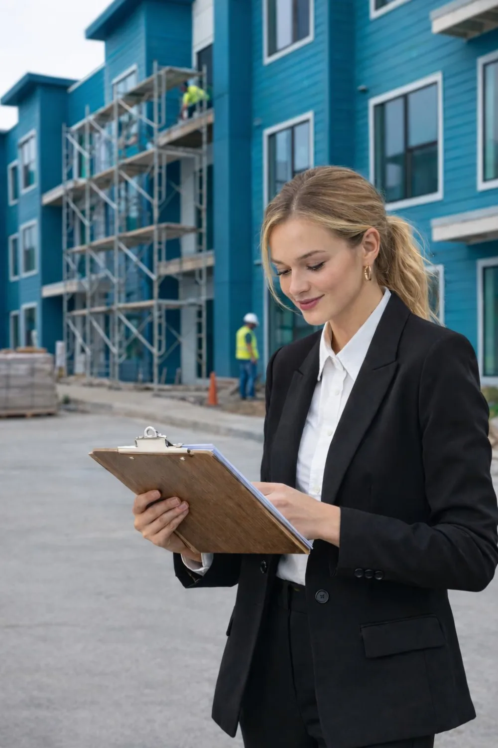 Urban Surfaces territory manager with a clipboard at a construction site